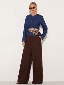 COSMINA Denim 女士纯色前扣圆领长袖牛仔衬衫，优雅牛仔上衣，通勤牛仔上衣，适合工作、日常出行、购物、约会、下午茶等场合，蓝色牛仔衬衫，春季牛仔上衣 - 藏蓝色 - 查看 3
