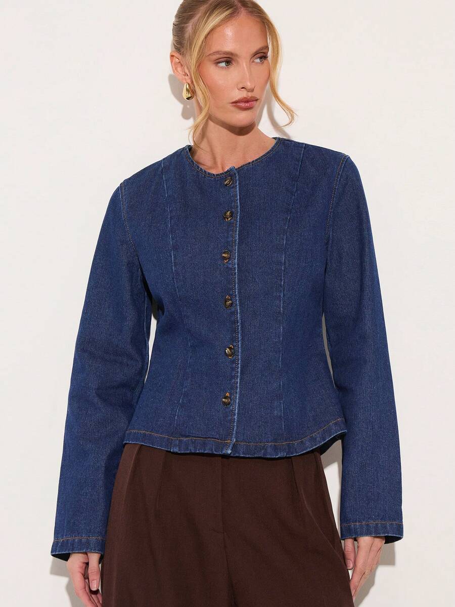 COSMINA Denim 女士纯色前扣圆领长袖牛仔衬衫,优雅牛仔上衣,通勤牛仔上衣,适合工作、日常出行、购物、约会、下午茶等场合,蓝色牛仔衬衫,春季牛仔上衣 - 藏蓝色 - 查看 1