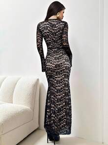 Firerie 女士优雅浪漫时尚通勤性感优雅黑色蕾丝长款紧身连衣裙，女士蕾丝V领荷叶边长袖修身连衣裙，女士派对、海滩度假连衣裙，女士节日连衣裙，返校毕业季连衣裙，浪漫约会连衣裙，生日连衣裙，复活节连衣裙，狂欢节连衣裙，音乐节连衣裙，婚礼季连衣裙，早午餐连衣裙，波西米亚风连衣裙，仙女风连衣裙，下午茶连衣裙 - 黑色 - 查看 6