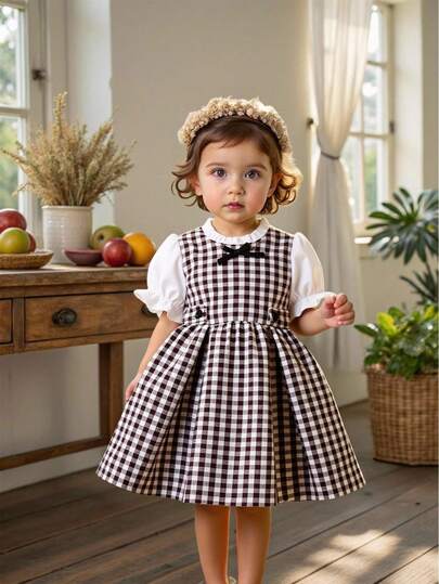 SHEIN Vintaside Kids Baby Girls' Vintage French Lady Elegant Cute Versatile Classic Plaid & Ditsy Floral Flare Long Sleeve 2 In 1 Mid-Length Dress, Suitable For Girls To Wear In Spring And Summer For Family Gatherings, Parties And Playtime. The Dress Design Makes Girls Look Vibrant And Adorable, Bringing Them More Energy And Fun For Outdoor Activities Or Cozy Family Time! Toddler Plaid Dress Baby Girl Plaid Dress Baby Girl Casual Dress Brown Plaid Dress Toddler Toddler Vintage Style Dress