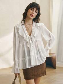 Cévolie 女士优雅通勤荷叶边系带梭织衬衫 - 白色 - 查看 4