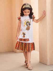 SHEIN 女童印花可爱配饰装饰连衣裙，可爱简约，时尚舒适，适合室内外穿着。 - 彩色 - 查看 6