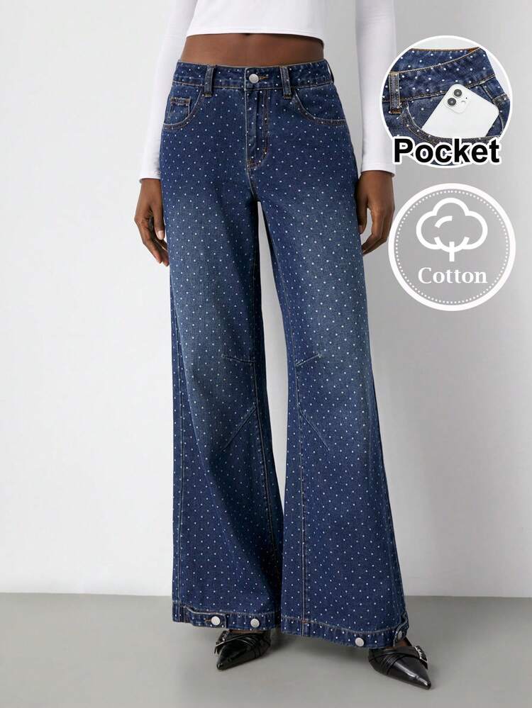 SHEIN Maija ポルカドット柄ワッシュ加工フレアジーンズ、カジュアルファッション、秋