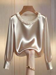 Franclia Women's Elegant Round Neck Pearl Embellished Long Sleeve T-Shirt, Suitable For Commuting