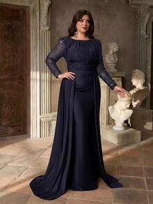 Aureia Đầm dạ hội cỡ lớn sang trọng, thanh lịch, cổ tròn, tay áo phối lưới đính sequin tương phản, eo nhún, dáng ôm đuôi cá, thích hợp cho tiệc tối, tiệc độc thân, hẹn hò, dạ hội, kỳ nghỉ, đám cưới (đính kèm nhiều chi tiết), Ngày Valentine. - Màu xanh hải quân - Xem 5