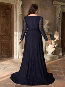 Aureia Đầm dạ hội cỡ lớn sang trọng, thanh lịch, cổ tròn, tay áo phối lưới đính sequin tương phản, eo nhún, dáng ôm đuôi cá, thích hợp cho tiệc tối, tiệc độc thân, hẹn hò, dạ hội, kỳ nghỉ, đám cưới (đính kèm nhiều chi tiết), Ngày Valentine. - Màu xanh hải quân - Xem 6