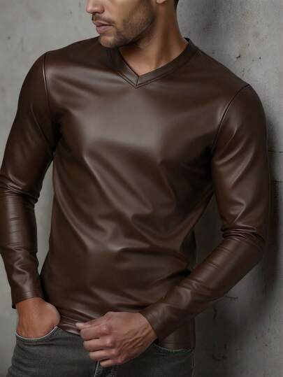 Manfinity Roughcore Camiseta Casual de Couro PU de Manga Longa e Decote em V Cor Sólida para Homens