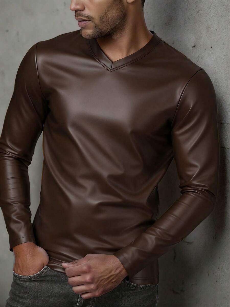 Manfinity LEGND T-shirt décontracté à manches longues et col en V en PU de couleur unie pour hommes - Marron - Voir 1