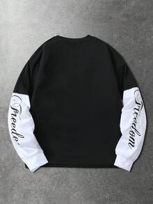 ROMWE MEN Spring Casual Graphic Men'S Casual Contrast Color Patchwork Angel Letter Print T-Shirt, Autumn - Black - View 2