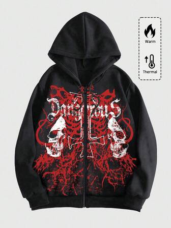 Goth Men's Letter & Skull Print Zip-Up Hooded Long Sleeve Sweatshirt