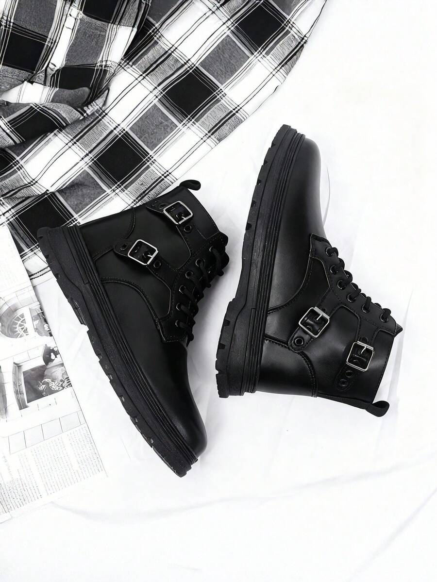 Botas casuales de hombre para otoño invierno ajustables y duraderas,Botas casuales de caña alta para hombres, Botas De Trabajo Multifuncional, Botas negro para hombre, estilo británico, talla grande, de cuero, botas de trabajo casuales, con aumento de altura, adecuadas para todas las estaciones - Negro - Ver 1