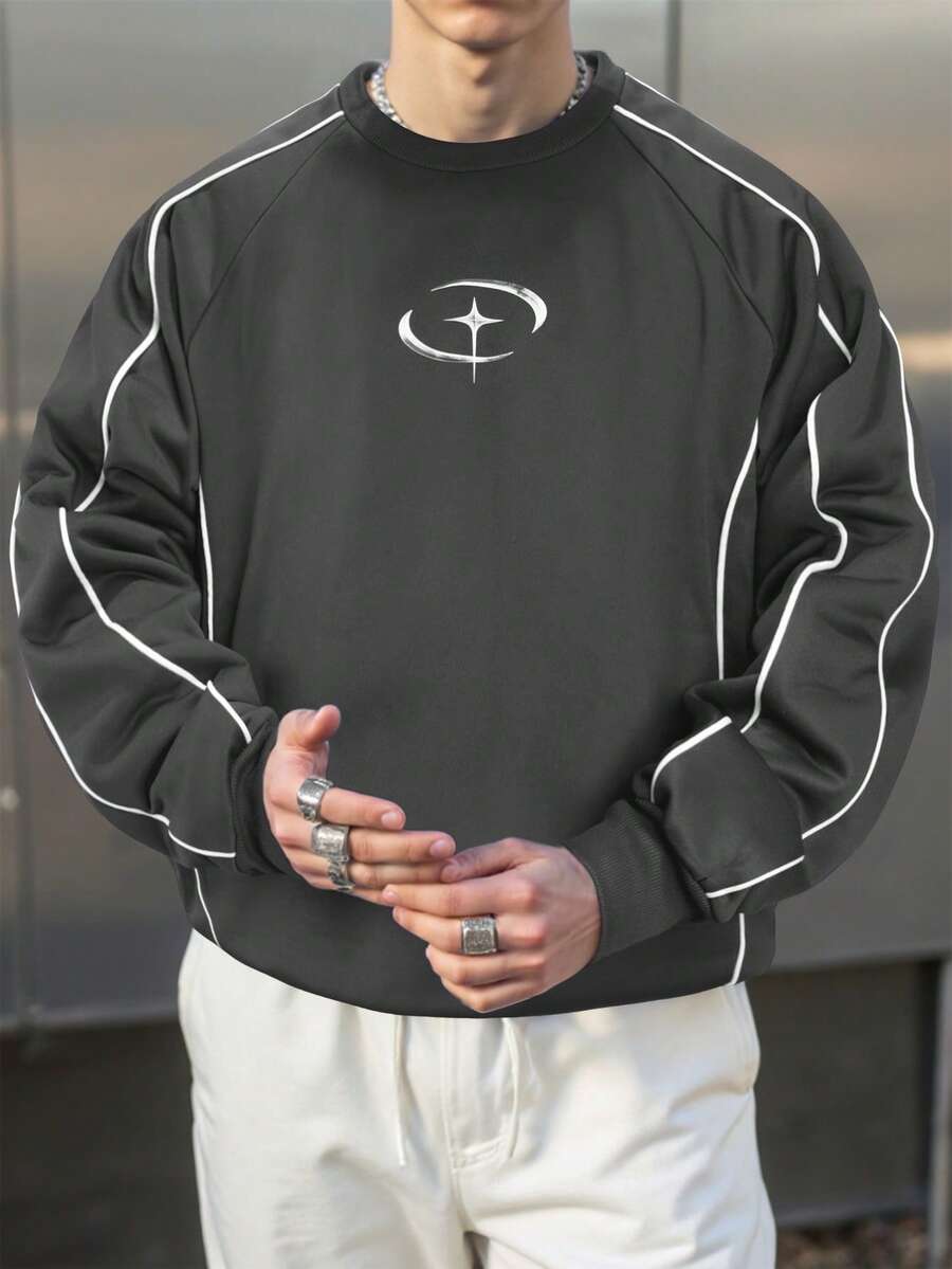 Manfinity Roghcode 男士休闲撞色滚边套头卫衣，秋季90年代运动风男士长袖上衣 - 灰色 - 查看 1