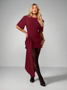MISSGUIDED Burgundy Short Sleeve Mini Dress With Side Tie Detail Round Neck Bodycon Fit Fall Winter Party Evening Wear - Burgundy - View 6