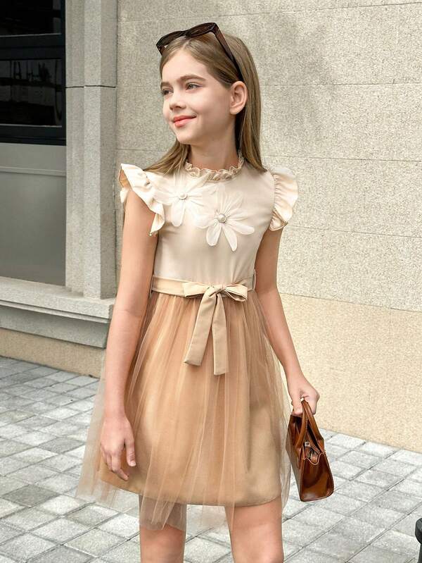 SHEIN 女童碎花装饰短袖撞色网纱连衣裙