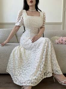 Feyla Women's Fashionable & Elegant Square Neck Short Sleeve Midi Dress - Apricot - View 1