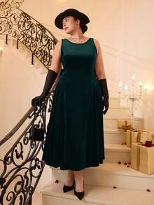 SHEIN MOD Váy midi chữ A thắt nơ hở lưng màu đỏ cổ điển cỡ lớn, váy cưới, váy hẹn hò, váy ngày lễ tình nhân - Màu xanh lá cây đậm - Xem 9