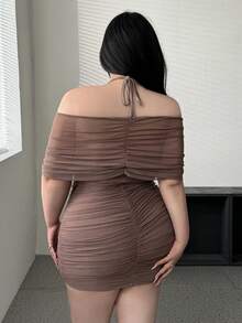 Vibekara Plus Size Sheer Mesh Patchwork Halter Neck Cold-Shoulder Short Sleeve Bodycon Dress - Mocha Brown - View 2