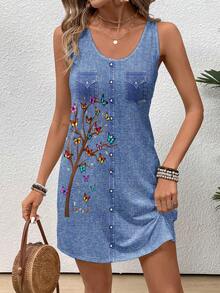 EMERY ROSE Casual & Simple Butterfly Pattern Round Neck Women's Dress, Suitable For Summer Chic Dress - Multicolor - View 6