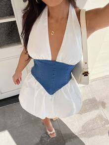 SHEIN PETITE Women's Ruched Deep V-Neck Denim Dress - Blue - View 5