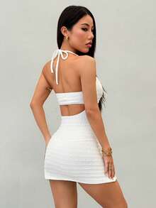 SHEIN PETITE 性感V领海星金属装饰系带露背纹理面料A字迷你连衣裙，适合假日、约会、下午茶、度假、音乐节、波西米亚风等场合。 - 白色 - 查看 2