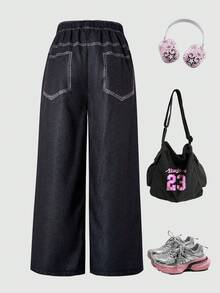 SHEIN Sparklyn Quần ống rộng dáng casual dành cho bé gái tuổi teen, có cạp chun điều chỉnh được, in họa tiết, chất liệu vải dệt, kiểu dáng thoải mái và các họa tiết, chữ viết theo phong cách graffiti. Phù hợp cho thời trang đường phố và mặc hàng ngày, thích hợp cho mọi mùa, đặc biệt là mùa xuân và mùa thu. - Nhiều màu - Xem 2