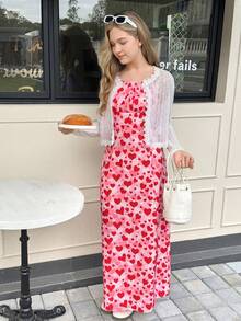 Teen Girl Solid Color Long Sleeve Mesh Jacket And Heart Print Camisole Dress Set - Multicolor - View 7