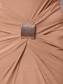xheSilquee Vestido de cóctel elegante para mujer con cuello alto, manga larga, espalda descubierta y sexy, decorado con hebilla metálica, en color borgoña y claro, de tela de punto elástica, largo hasta el tobillo, adecuado para cóctel, cita romántica, vestido de punto maxi para otoño/invierno, fiesta formal, boda, dama de honor, vestido de noche, Halloween, Navidadxhe - Caqui - Ver 7