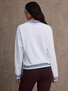 CourtClass Women's Striped Raglan Long Sleeve Sports Polo Shirt - Blue and White - View 2