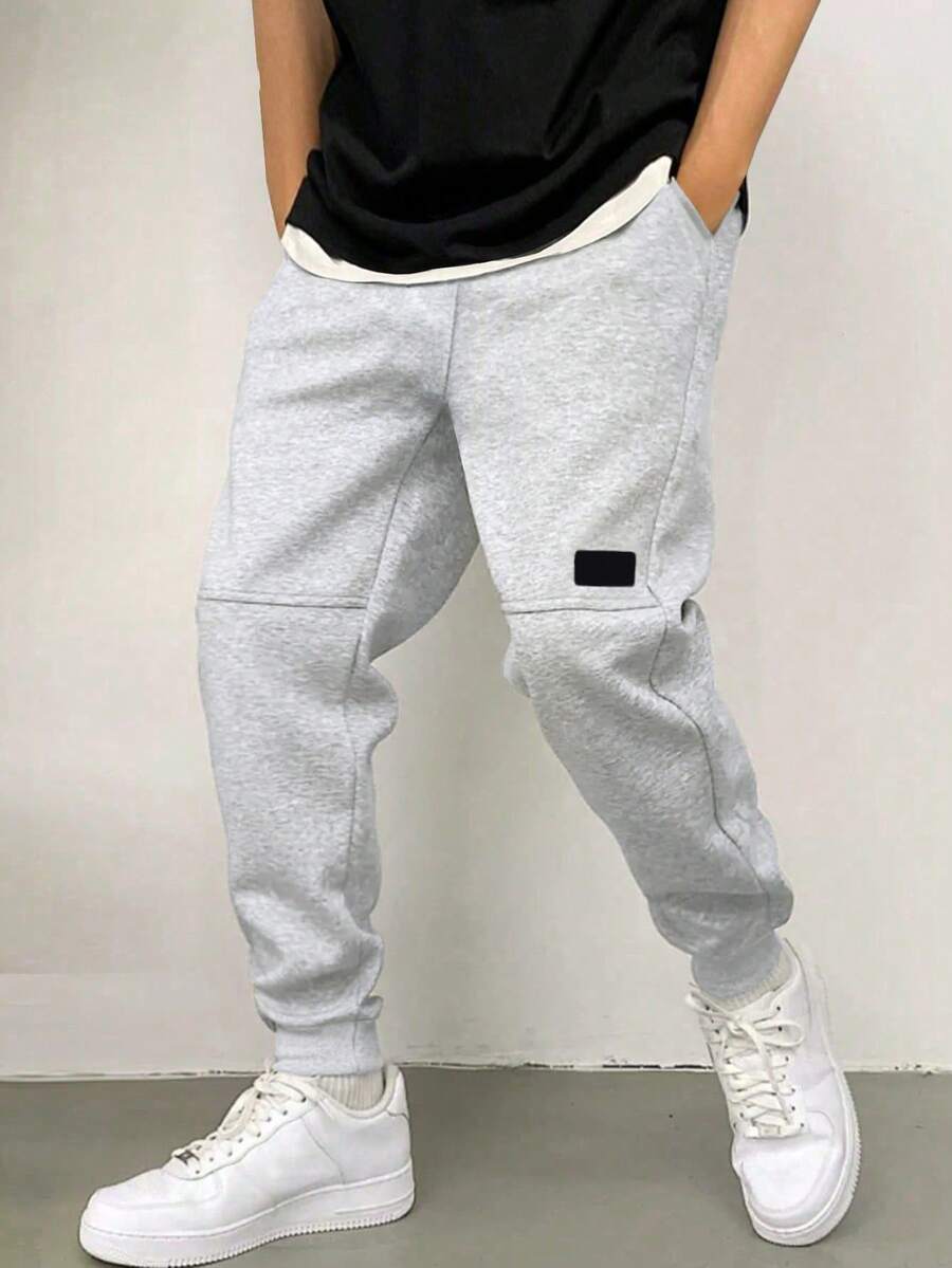 Mirajuku 1pc Boys' Casual Sports Minimalist Cuffed Knit Pants, Split Design With Woven Label Accent, Comfortable Fabric, Suitable For Spring, Summer, Autumn, Winter, Versatile Occasions Grey Sweatpants - Grey - View 1