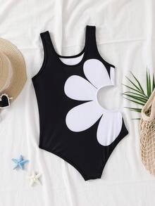 Emery Rose Kids Emery Rose Kids Tween Tween Girl Floral Knitted Spaghetti Strap Bikini Top - Black and White - View 4