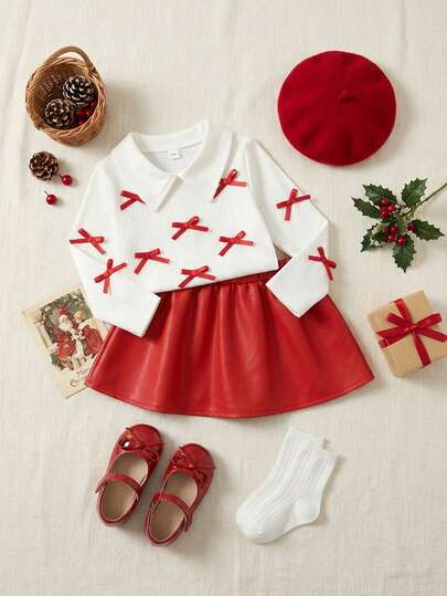 SHEIN Baby Girl Long Sleeve Ribbed Top Paired With PU Skirt, Cute & Sweet, Comfortable Fabric, Suitable For Outdoor & Indoor Wear,Christmas,Dresses,Long Sleeve Tops,Christmas Dress,Red Dress,Vestidos Elegantes Para Fiesta,Vestidos Elegantes Para Fiesta,Leather Skirt,Christmas Family Gathering