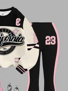 SHEIN Leap Crew 少女美式复古运动风数字23印花运动套装，针织圆领宽松字母图案卫衣和修身喇叭裤休闲两件套 - 彩色 - 查看 5