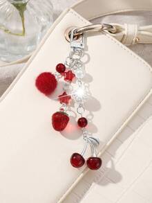 ROMWE Kawaii 1pc Y2K Chic Elegant High-Quality Silver Chain Star Dice Ribbon Bow Crystal Wing Heart Cherry Pendant Keychain, Suitable For Women/Girls Daily Wear, Holiday Gift - Burgundy-63 - View 6