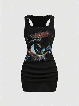 Grunge Punk Vestido mini ajustado con estampado de cielo estrellado y remaches de estrella, estilo retro y urbano unisex para mujer