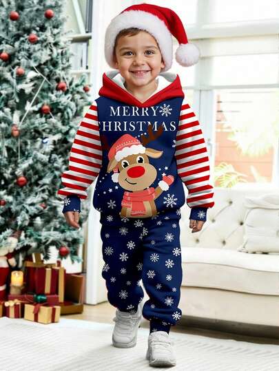 SHEIN Bộ 2 áo nỉ trùm đầu cổ điển ấm áp và thoải mái cho bé trai, họa tiết tuần lộc Giáng sinh dễ thương, dáng rộng, phù hợp cho mùa thu/đông