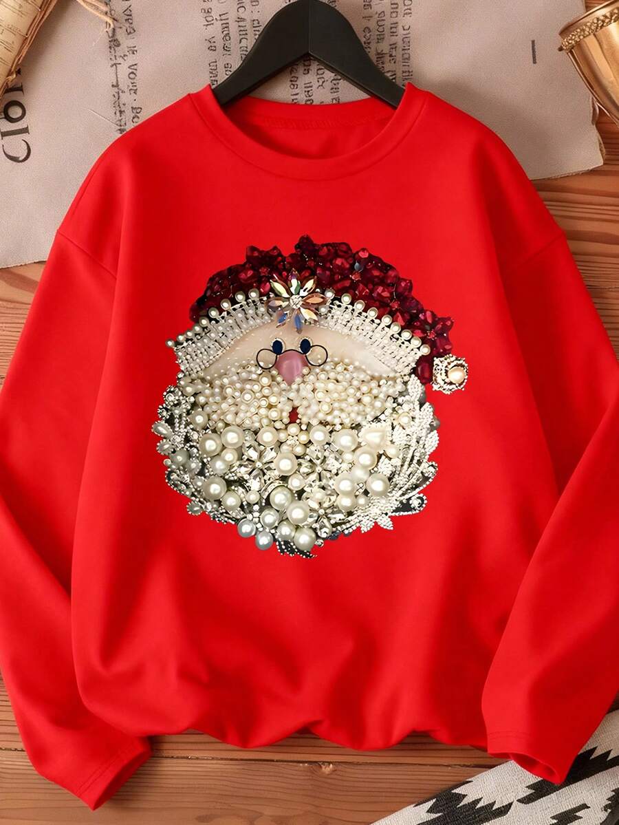 EMERY ROSE Plus Size Santa Claus Print Red Crew Neck Long Sleeve Pullover T-Shirt - Red - View 1