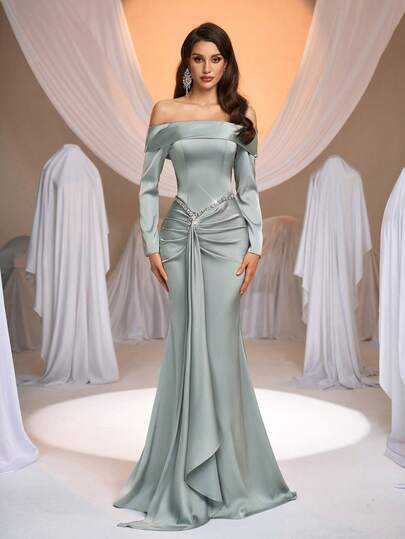 Aureia Elegant Satin Off-Shoulder Long Sleeve Luxury Pearl Chain Novelty Ruched Asymmetric Fishtail Maxi Dress, Suitable For Weddings, Parties, Dates, Vacations, And All Formal Occasions, Luxurious And Glamorous Women's Evening Gown