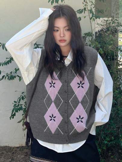 Dazy Plus 撞色拼接菱形提花图案休闲宽松大码女式毛衣背心，秋冬季