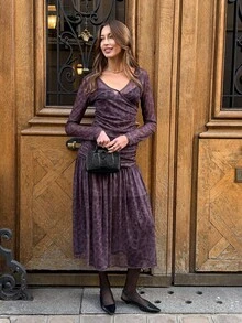 SHEIN PariChic Mesh Printed Leopard Pattern Maxi Dress With Long Sleeve Criss-Cross Neck Long Sleeve T-Shirt Purple Midi Dress Long Sleeve Midi Dress Purple Ruched Dress Purple Wrap Dress Pleated Midi Dress Purple Two Piece Set Women Pleated Skirt Set 2 Piece Skirt Sets Woman - Brown - View 4