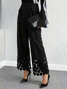 Balvessa Pantalones de mujer con dobladillo de encaje y diseño de lunares - Negro - Ver 1