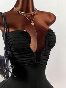 Amplova 女士纯色抹胸紧身连体裤 - 黑色 - 查看 7