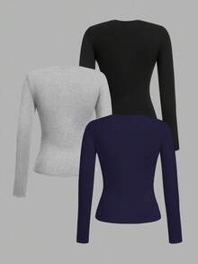 Tseoso Bộ 3 áo thun dài tay cổ tròn ôm vừa vặn thường ngày dành cho nữ, 95% cotton, đen, xám pha, xanh navy - Nhiều màu - Xem 3