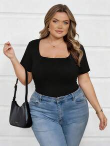 SHEIN CURVE+ 两件套加大码女式方领短袖休闲修身性感T恤，适合春夏穿着/2026/新年 - 彩色 - 查看 7