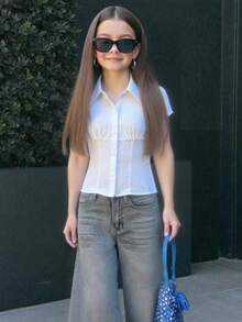 Firerie Kids Tween-Mädchen Elegantes, weißes Kurzarmhemd mit Bundfalten im College-Stil – perfekt für Pendler und Lässig . - Weiss - Übersicht 1