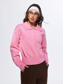Eassivo Eassivo Regular Fit Long Sleeve Knit Sweater With Collar - Pink - View 3