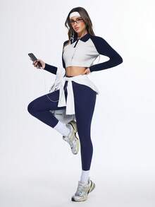 Eassivo Eassivo Cropped Fitted Long Sleeve Turtleneck Knit Sweater - Navy Blue - View 7