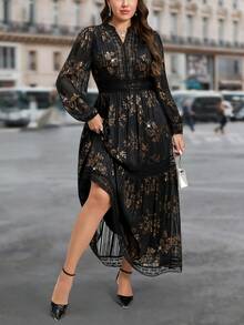 SHEIN LUNE Váy dạ hội màu đen cỡ lớn cho nữ Váy cưới sang trọng Váy dự tiệc thanh lịch cho phụ nữ Trang phục đi làm Lễ Tạ ơn cho phụ nữ Trang phục Giáng sinh in họa tiết lá vàng cho phụ nữ Váy đen cho phụ nữ Váy dài Váy dài năm mới cho phụ nữ Váy đen bóng Váy dài chữ A cổ chữ V tay dài dự tiệc cho phụ nữ - màu đen - Xem 5