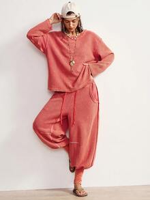 Bohemela 波西米亚风冬季圣诞新年休闲纯色针织圆领长袖宽松上衣和阔腿裤女式两件套 - 紅木色 - 查看 6