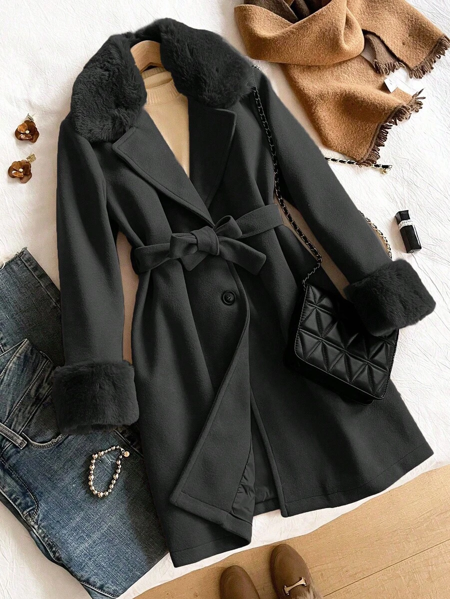 Elegant Sophisticated Long Cinched Waist Wool Blend Coat With Fur Collar For Tween GirlsKhaki, Slim Fit, Fashionable - Black - View 1