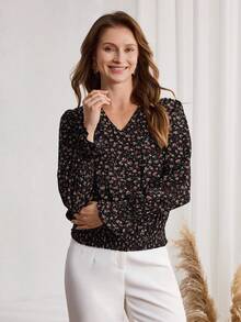 EMERY ROSE 女士休闲碎花长袖衬衫，袖口收褶，秋季款 - 彩色 - 查看 6